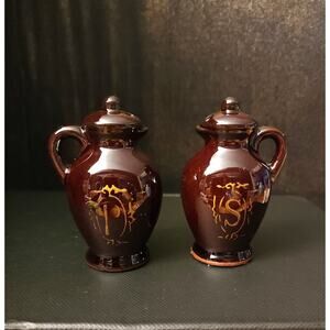 Vintage Redware Pottery Brown Pitchers Salt and Pepper Shaker Set